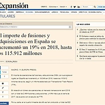 El importe de fusiones y adquisiciones en Espaa se increment un 19% en 2018, hasta los 115.912 millones